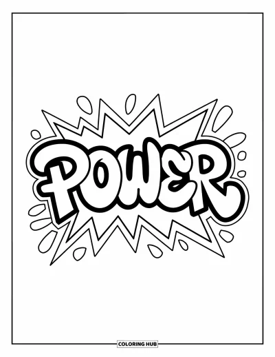Fargeleggingsark med graffiti-ord for barn: "Power" i fet graffiti-skrift med bobleformer og siksak-detaljer