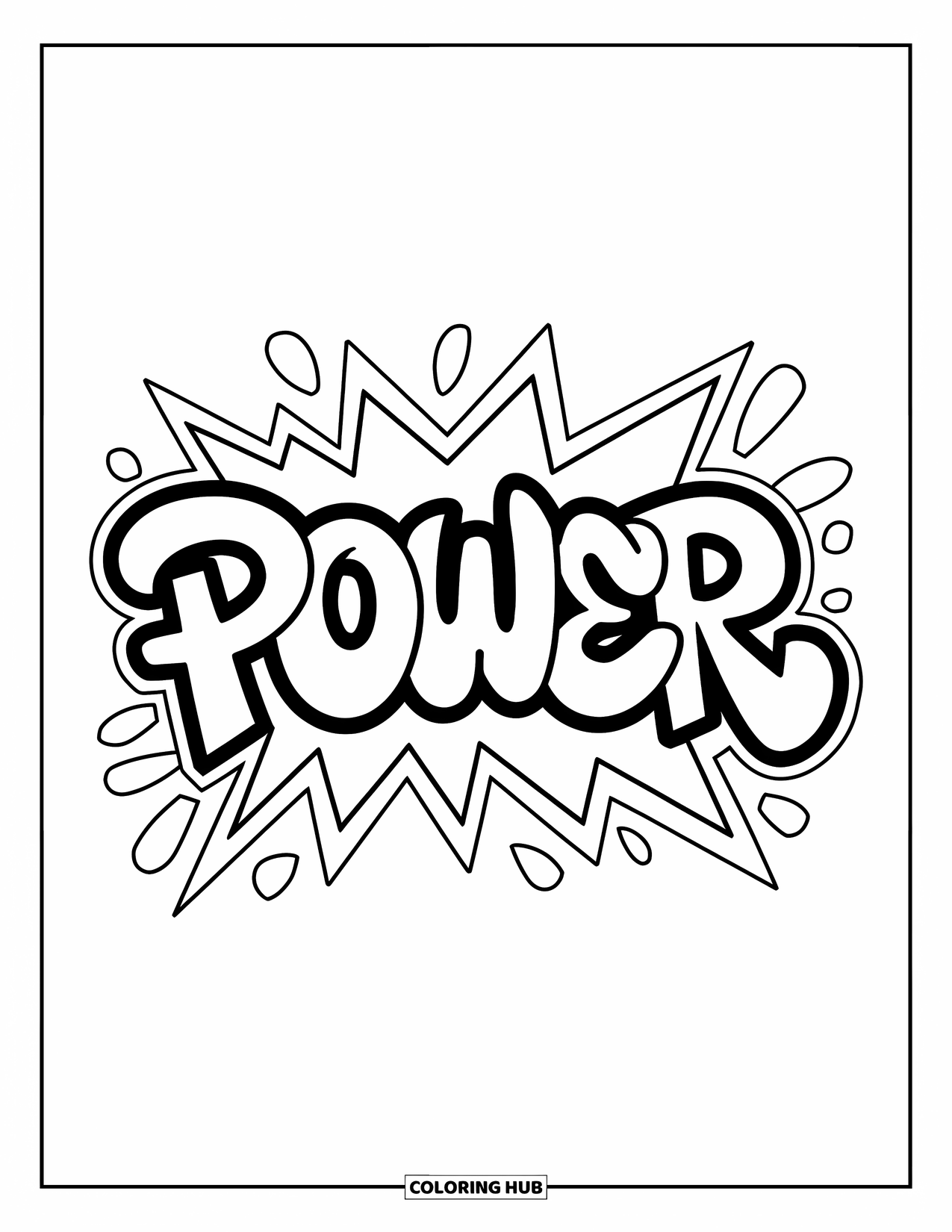 Graffiti Word Coloring Page for Kids: "Power" in bold graffiti script with bubble shapes and zigzag details