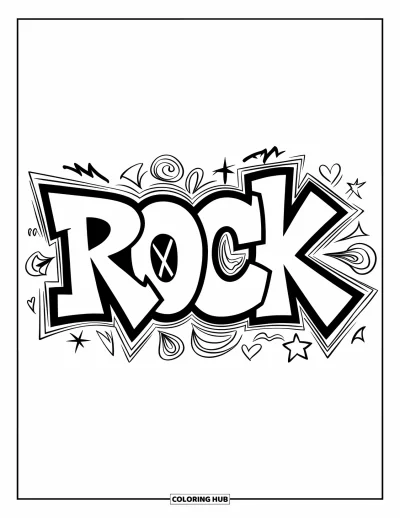 Fargeleggingsark med graffiti-ord for barn: "Rock" i graffiti omgitt av virvler, stjerner og bysymboler