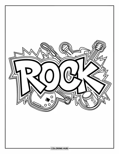 Fargeleggingsark med graffiti-ord for barn: "Rock" i graffiti med morsomme symboler som gitarer, trommer og stjerner