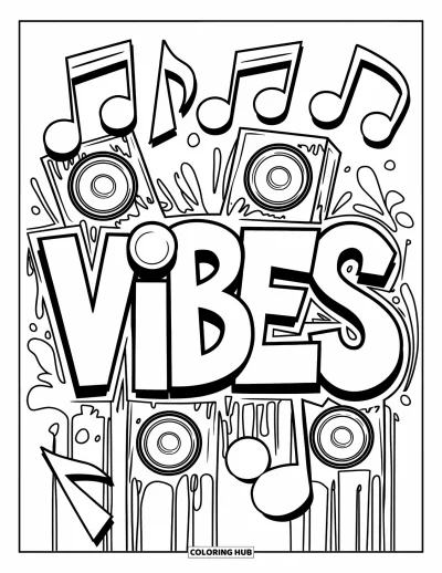 Fargeleggingsark med graffiti-ord for barn: "Vibes" i graffiti-stil med musikksymboler og fargesøl
