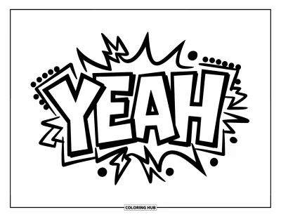 Fargeleggingsark med graffiti-ord for barn: "Yeah" i graffiti-tegneserieskrift med prikkede effekter og lyn-detaljer