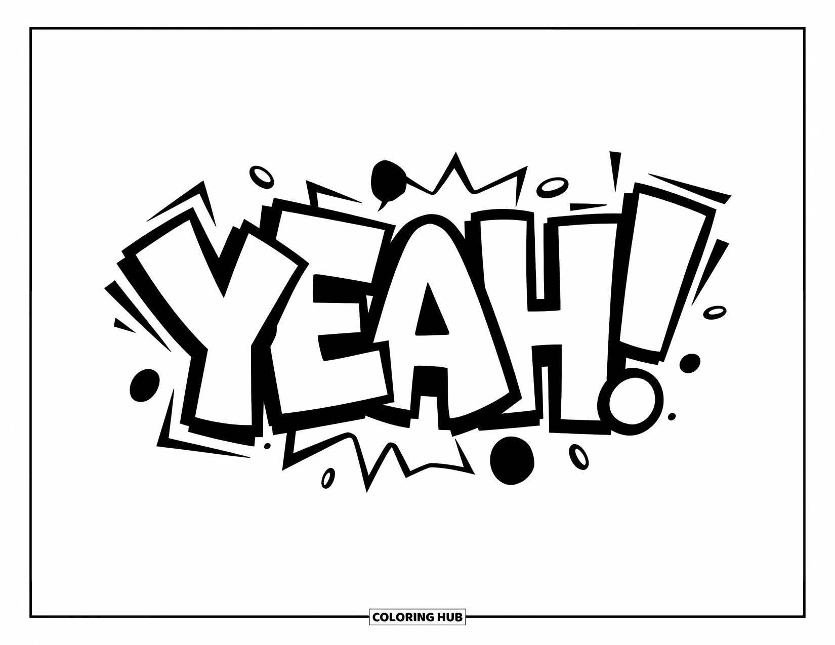 Graffiti Word Coloring Page for Kids: "Yeah" in graffiti with comic dots, lightning bolts, and cool frames