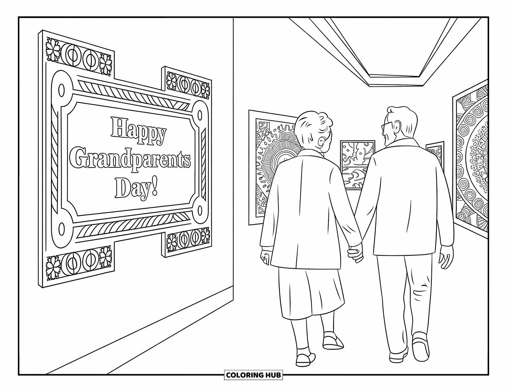 Grandparents Day Coloring Page for Adults: A quiet museum walk with grandparents holding hands and "Happy Grandparents Day!" in a frame