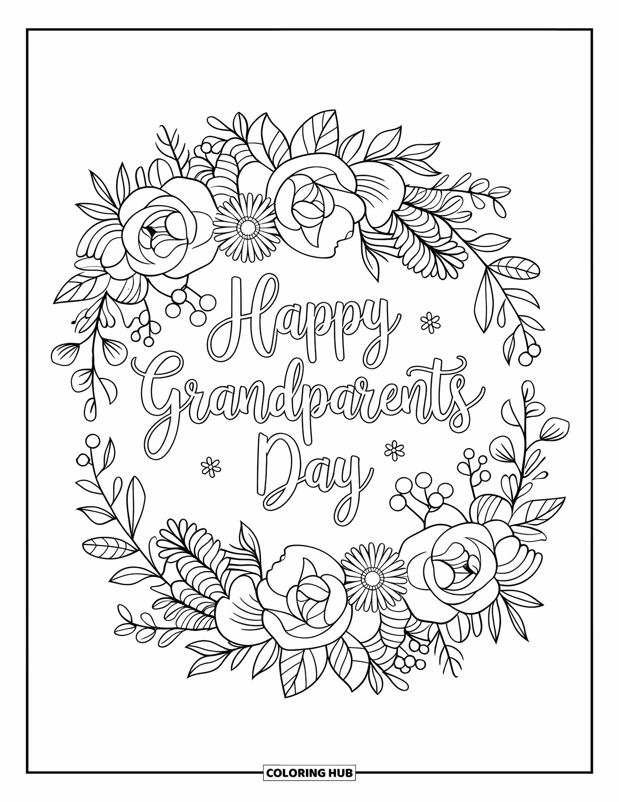 Grandparents Day Coloring Page for Adults: A wreath of roses, daisies, and berries with script text celebrating Grandparents Day