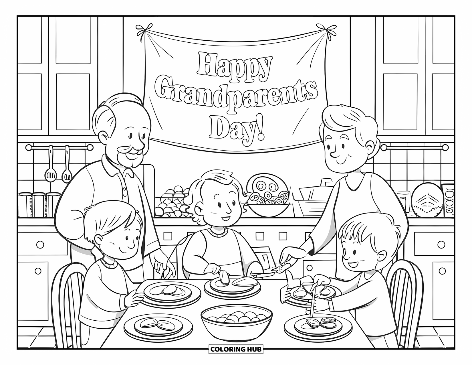 Grandparents Day Coloring Page for Adults: Family prepares dinner in a cozy kitchen with kids setting the table for Grandparents Day