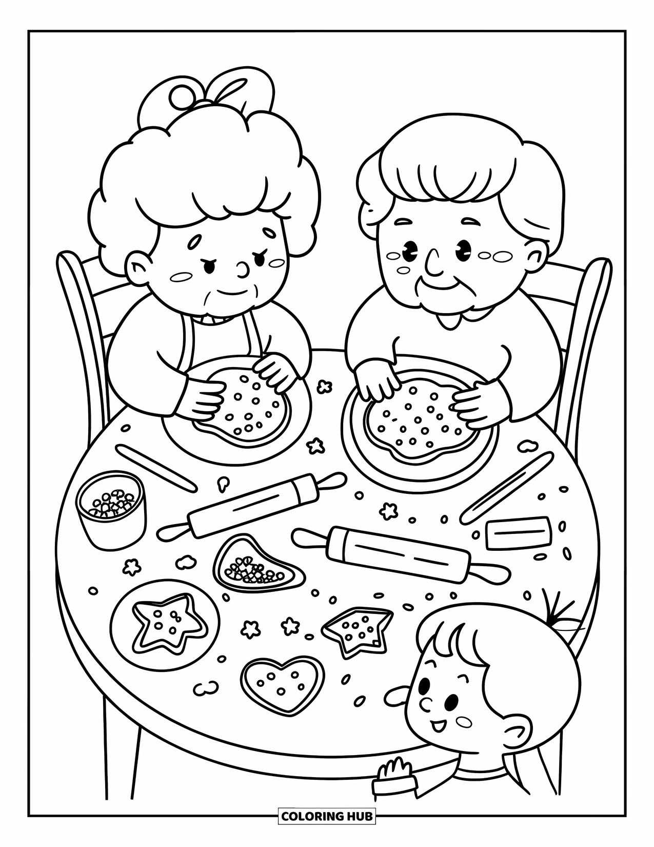 Grandparents Day Coloring Page for Adults: Grandpa and grandma decorate cute cookies while a child peeks over the round table