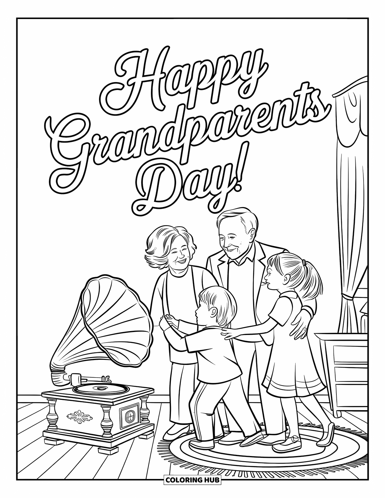 Grandparents Day Coloring Page for Adults: Grandparents and two kids dance together near a vintage phonograph and patterned rug