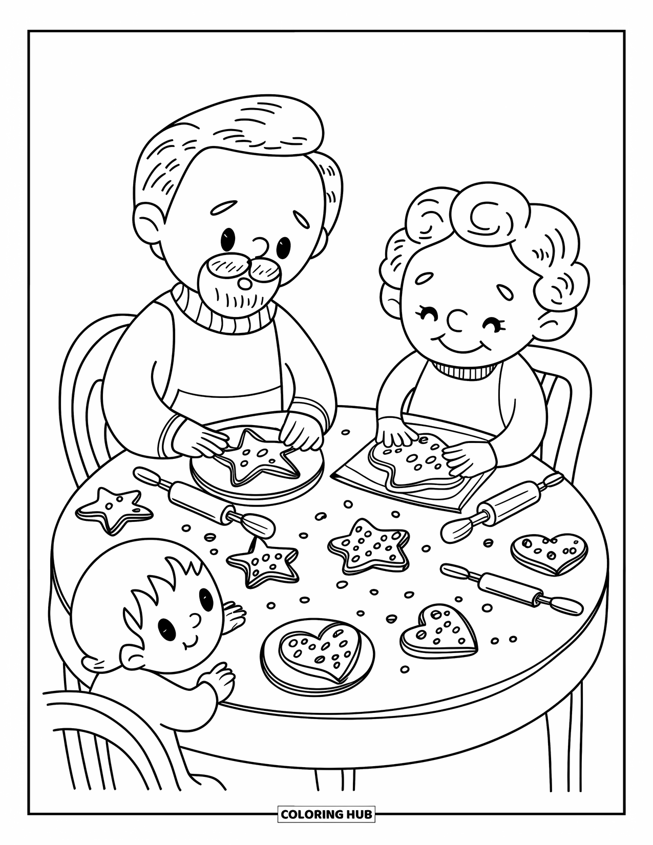 Grandparents Day Coloring Page for Adults: Grandparents decorate heart and star cookies while a curious child peeks over the table