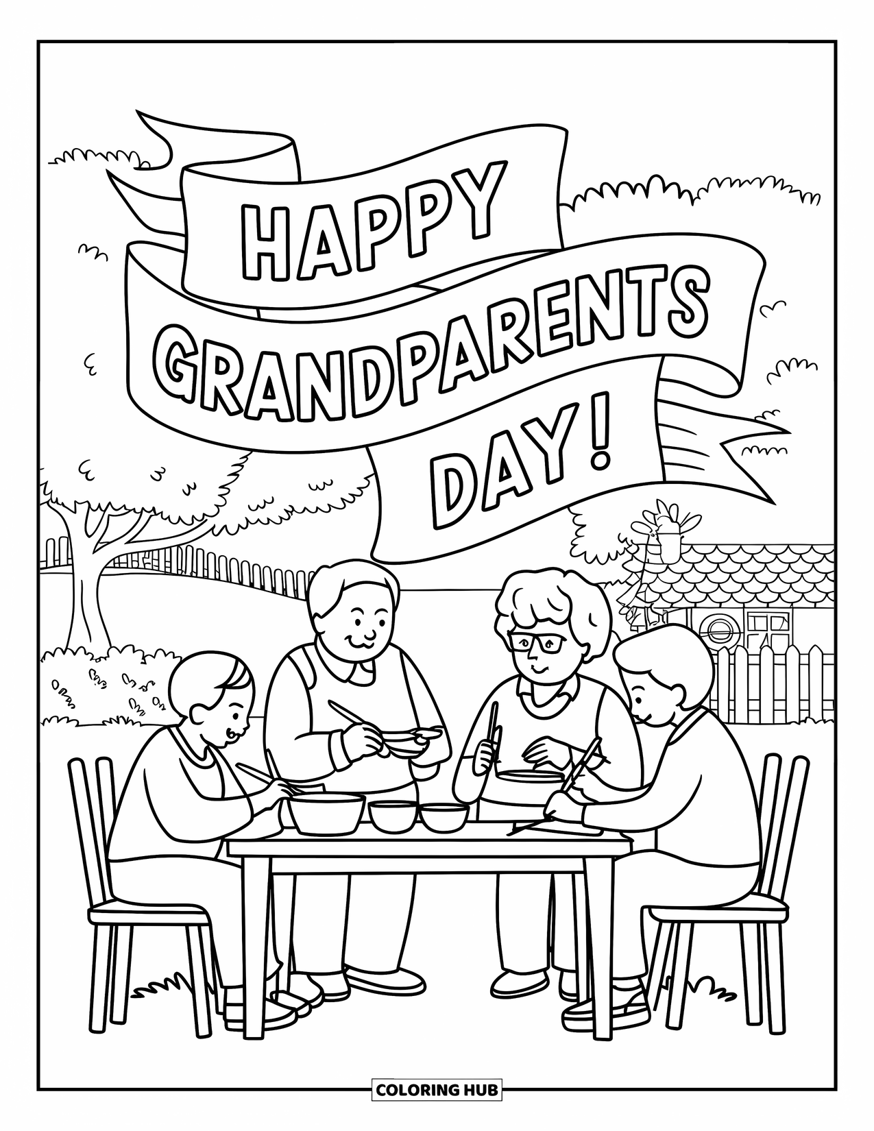 Grandparents Day Coloring Page for Adults: Grandparents enjoy painting pottery outside with a banner and a peaceful garden backdrop