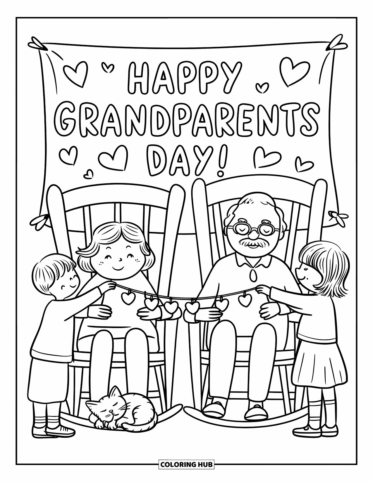 Grandparents Day Coloring Page for Adults: Grandparents relax in big rocking chairs while kids hand them a garland of heart shapes