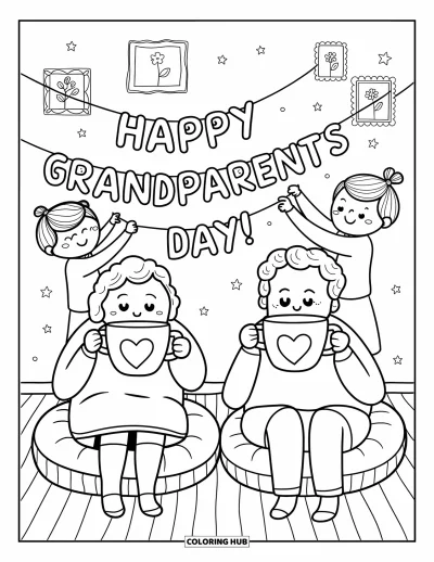 Nagyszülők napi kifestő felnőtteknek: Nagyszülők padlópárnákon lazulnak és teát isznak, miközben a gyerekek szíves füzért akasztanak fel