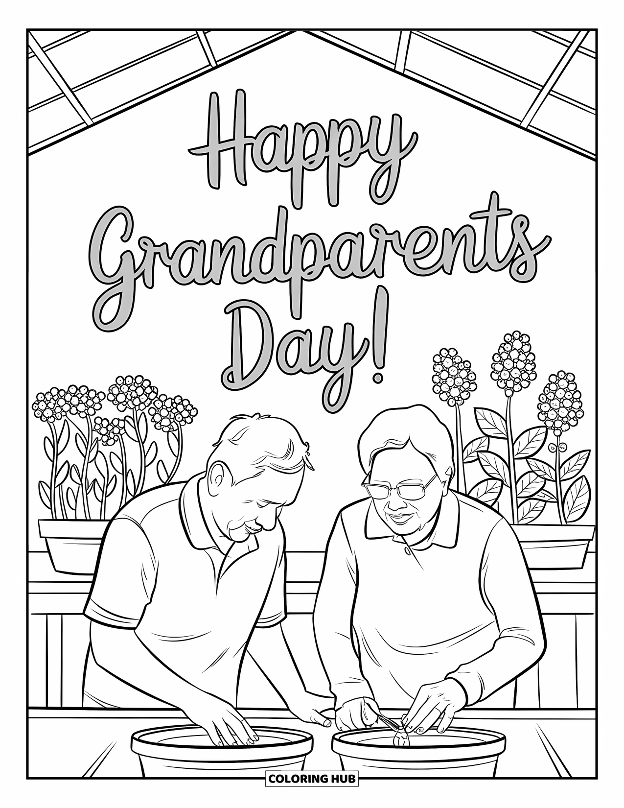 Grandparents Day Coloring Page for Adults: Grandparents work side-by-side in a greenhouse with blooming plants and a cheerful message