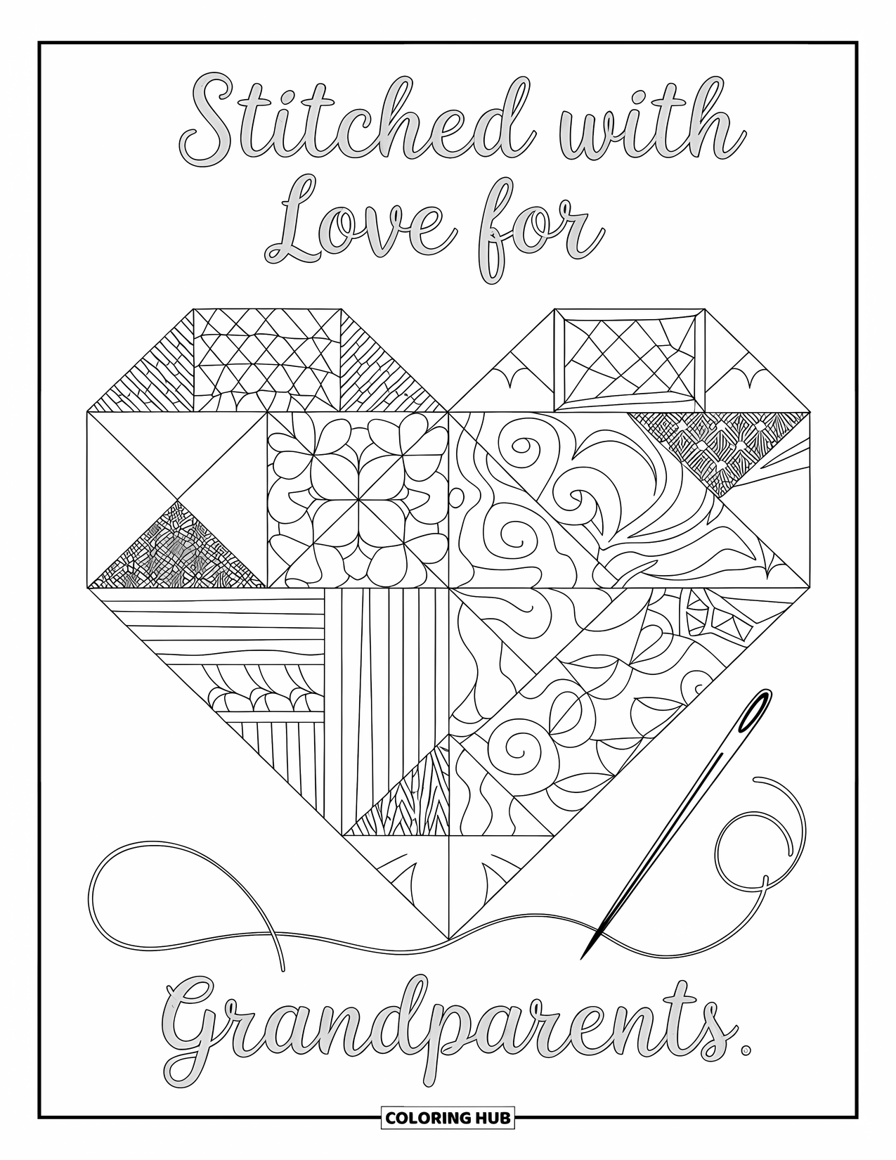 Grandparents Day Coloring Page for Adults: Heart-shaped quilt design with patterns, thread, and a message stitched for grandparents