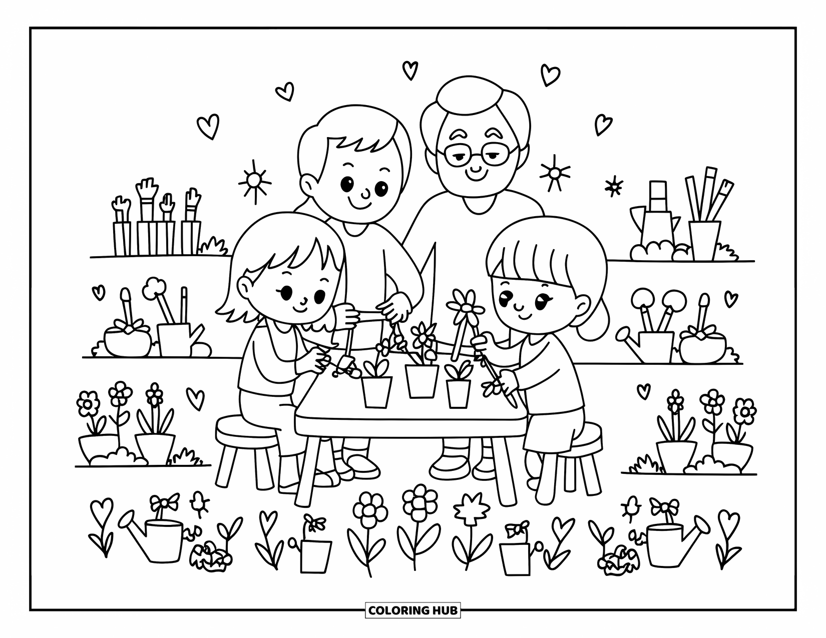 Grandparents Day Coloring Page for Adults: Kids and grandparents paint tiny flower pots at a cute table with sparkles and flowers