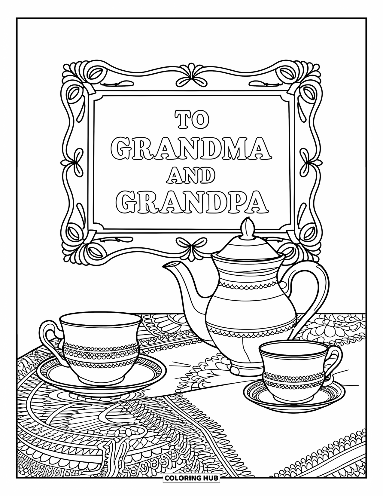 Grandparents Day Coloring Page for Adults: Tea set and framed message sit on lace with clean outlines and a classic look