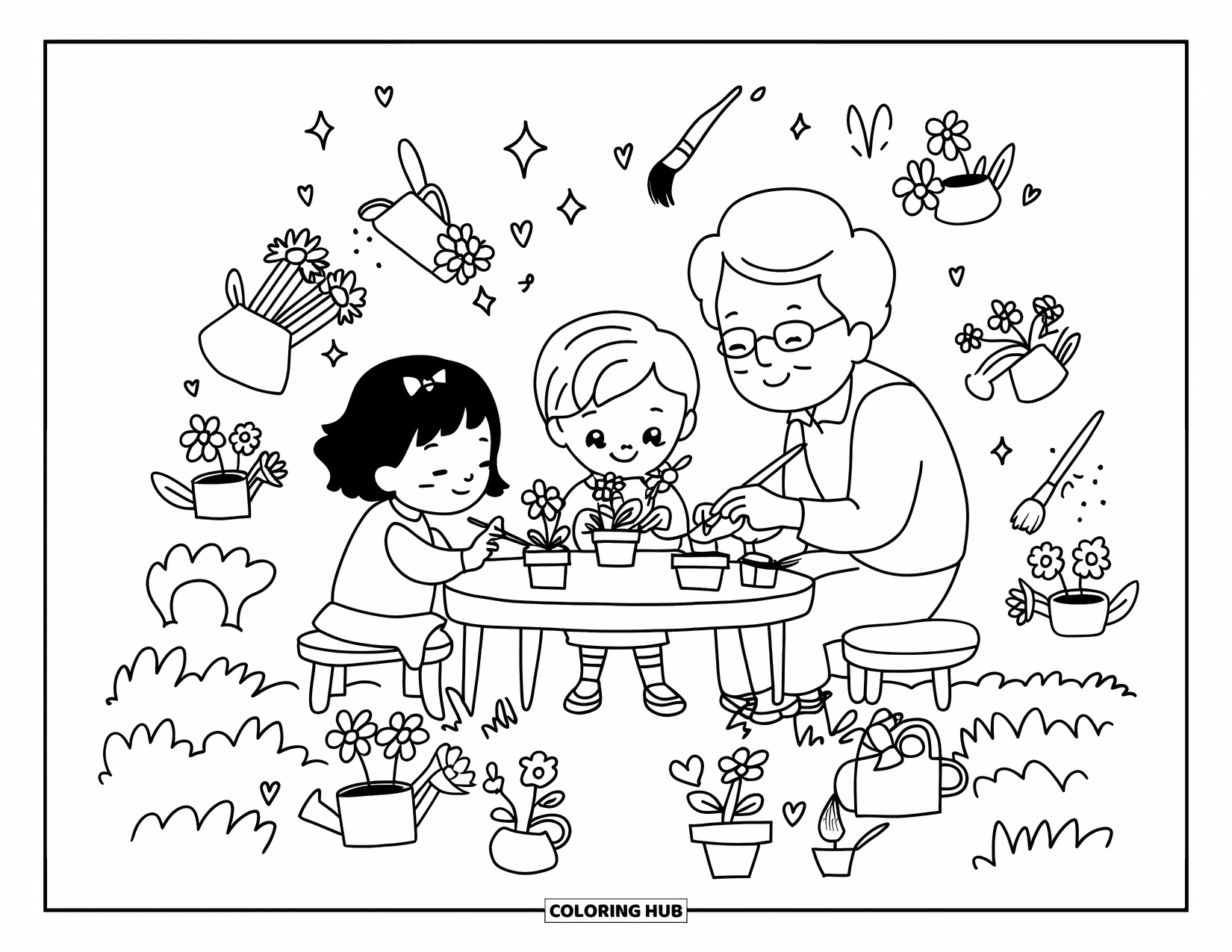 Grandparents Day Coloring Page for Adults: Two kids and grandparents decorate mini flower pots surrounded by hearts, bows, and doodle flowers
