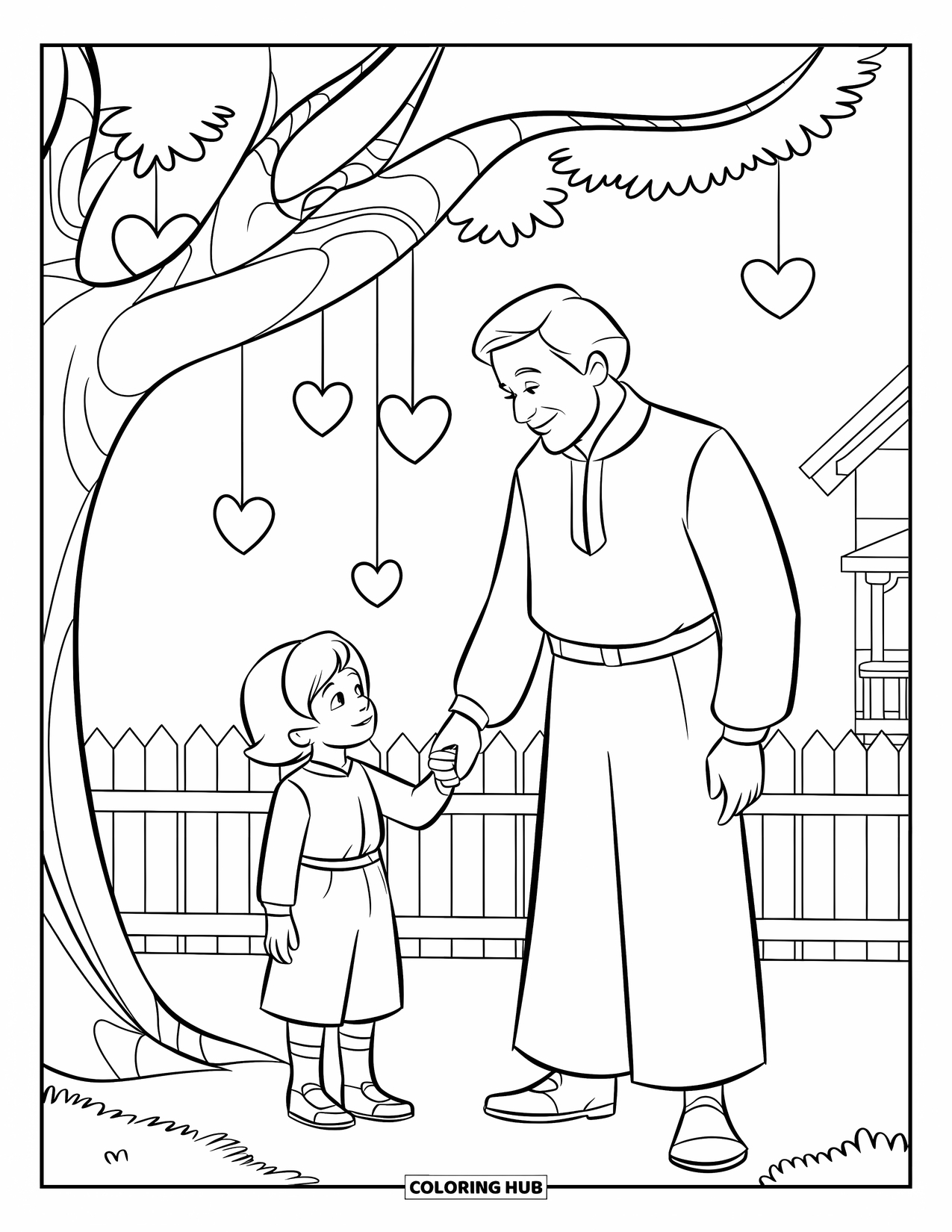 Grandparents Day Coloring Page for Kids: A child and grandparents stand under a heart-decorated tree beside a house and fence