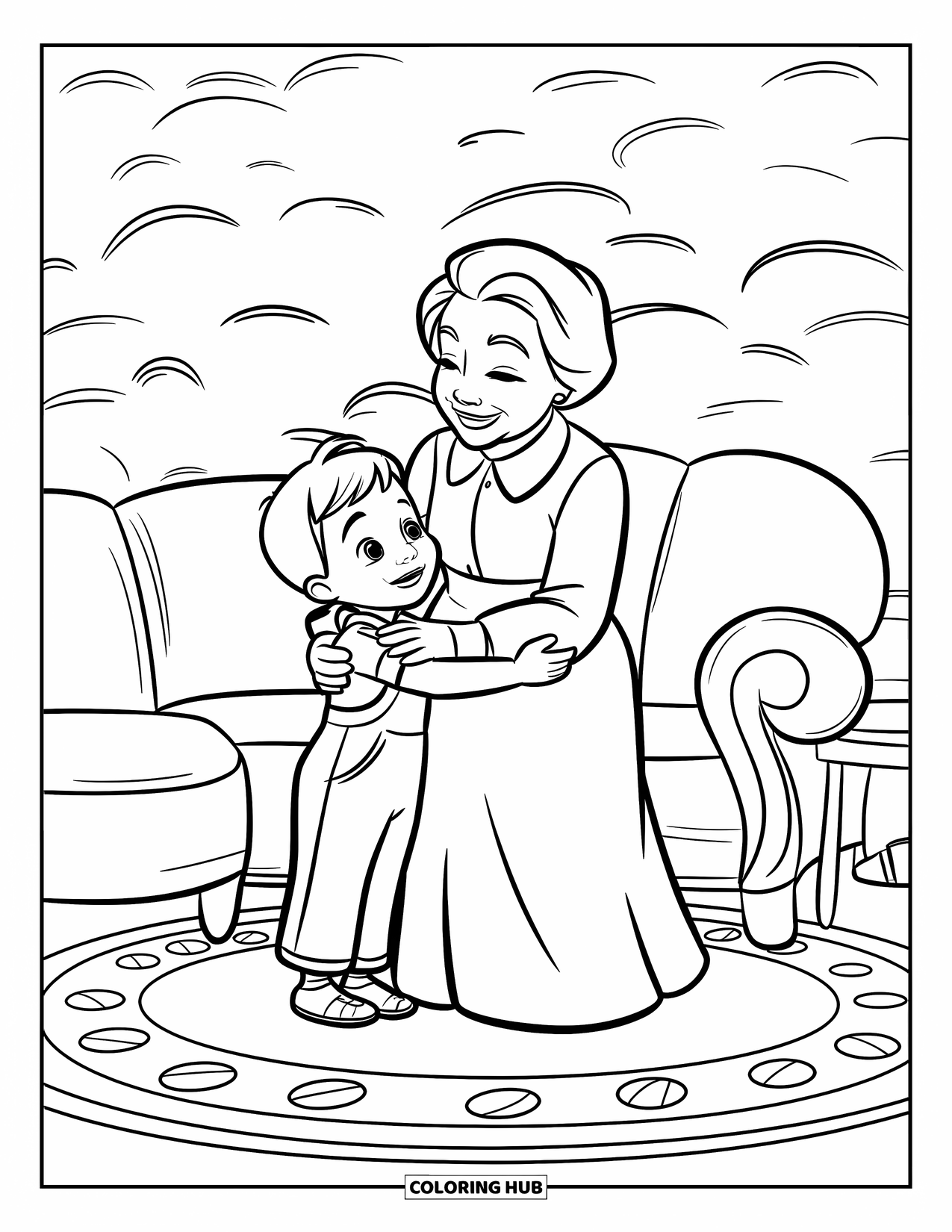 Grandparents Day Coloring Page for Kids: A child hugs grandma tightly in a cozy living room filled with love