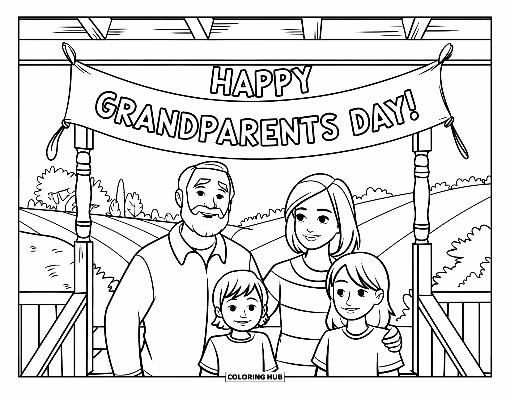 Grandparents Day Coloring Page for Kids: A happy family stands in front of a porch with hills and trees in the distance