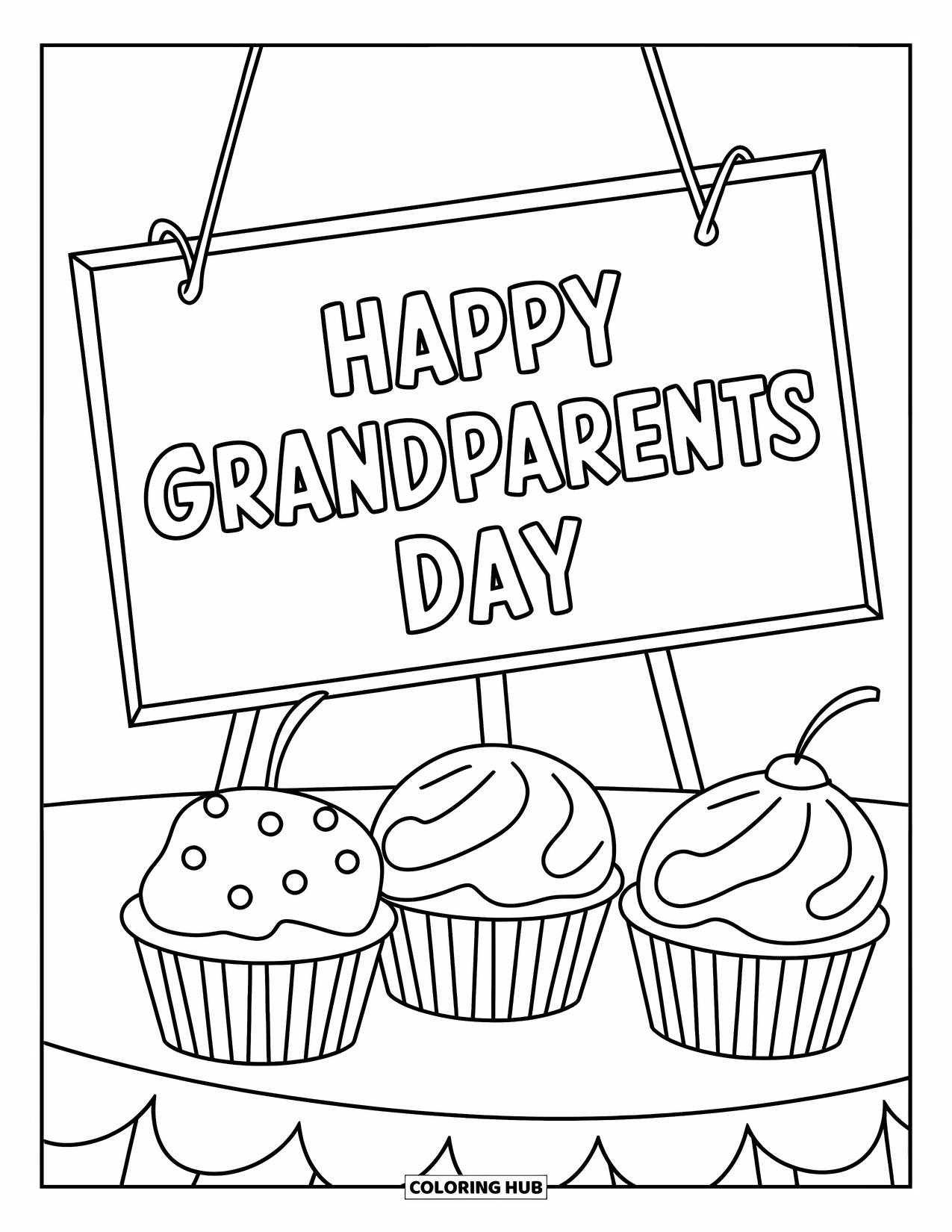Grandparents Day Coloring Page for Kids: A table with cupcakes and a "Happy Grandparents Day" sign sits in the center