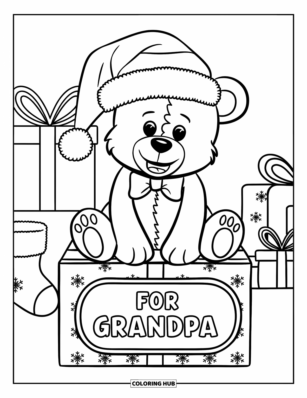 Grandparents Day Coloring Page for Kids: A teddy bear in a Santa hat rests on a festive gift box labeled "For Grandpa"