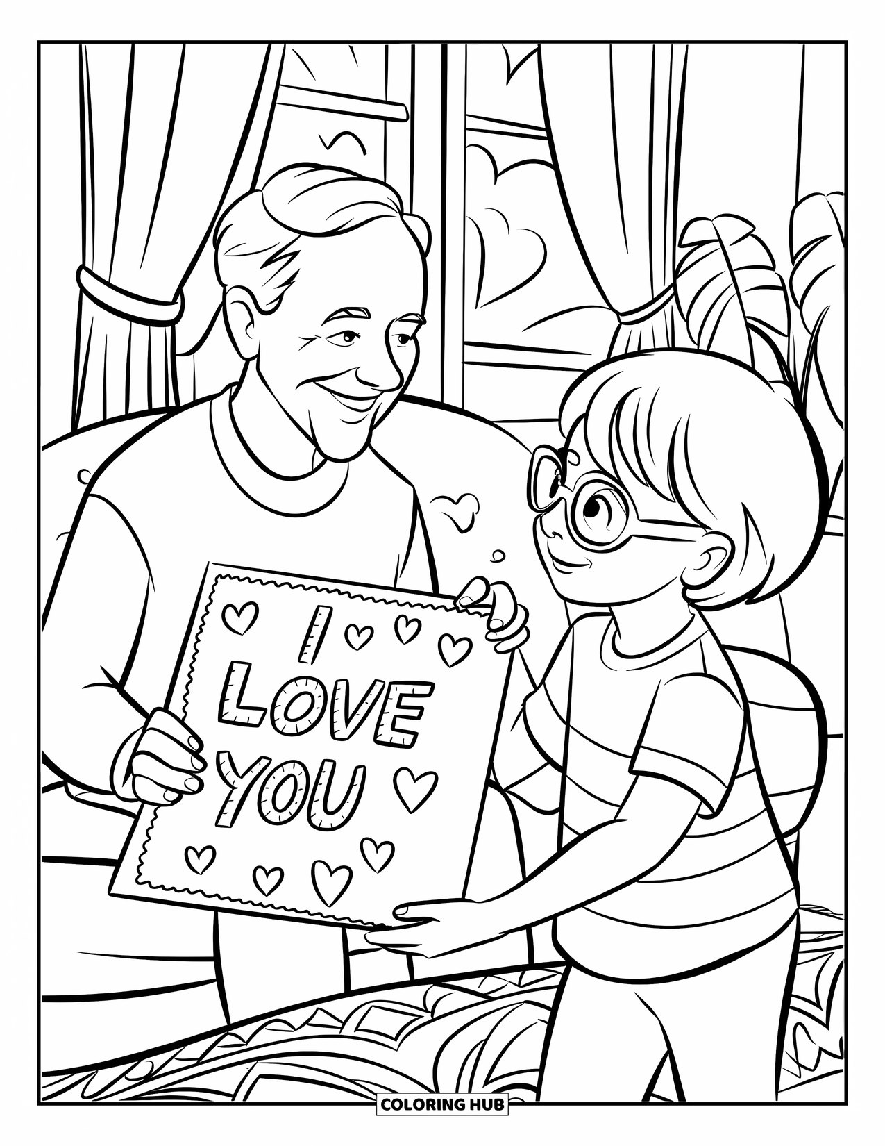 Grandparents Day Coloring Page for Kids: Child gives a big homemade card with hearts to smiling grandparents in a cozy room