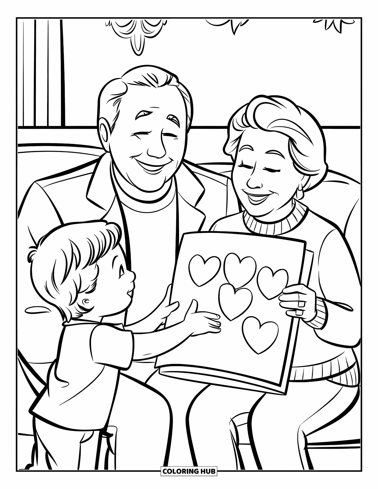 Grandparents Day Coloring Page for Kids: Child hands a large heart-filled card to grandparents sitting together in a cozy room