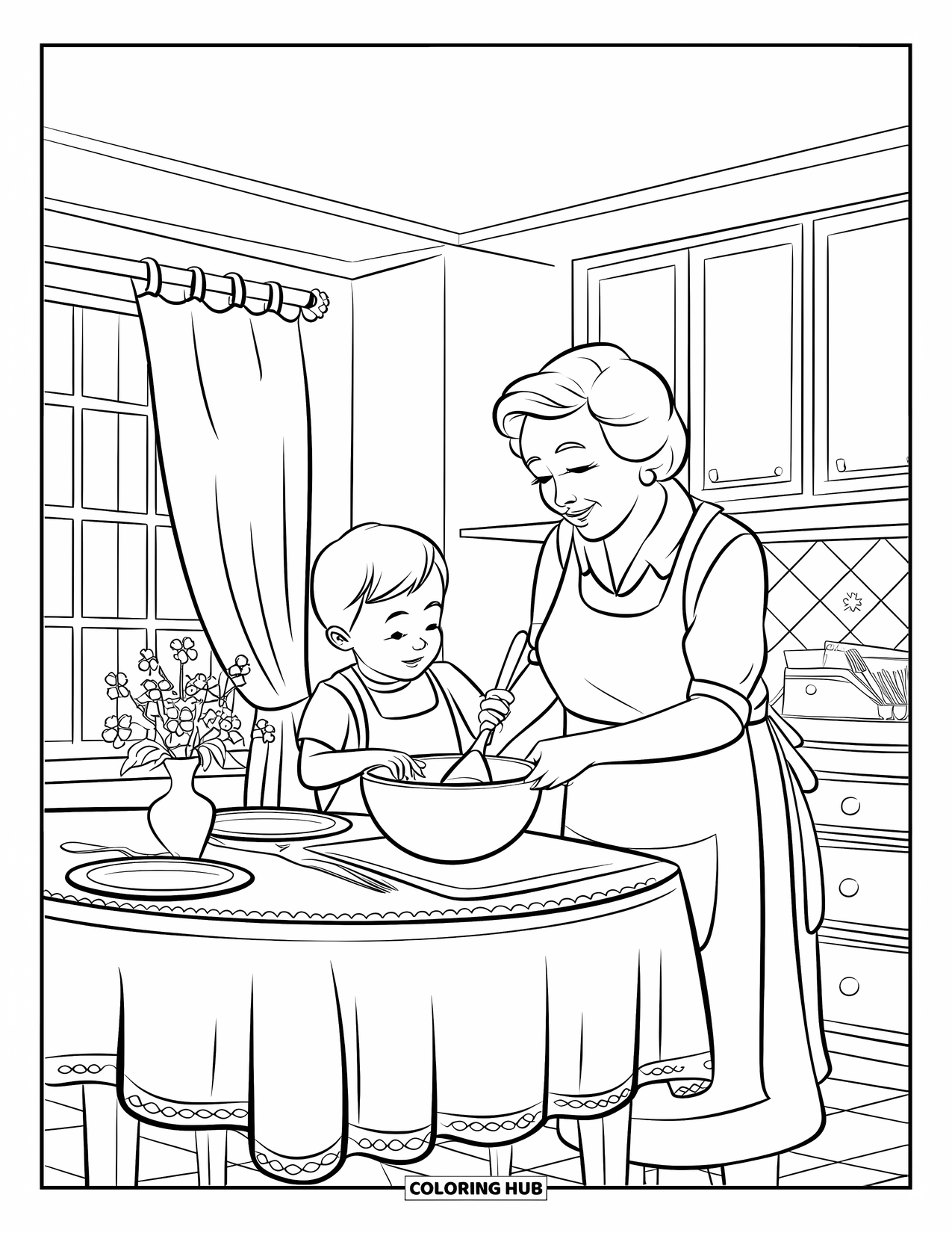 Grandparents Day Coloring Page for Kids: Child helps grandma stir a bowl at a kitchen table with flowers and a window nearby