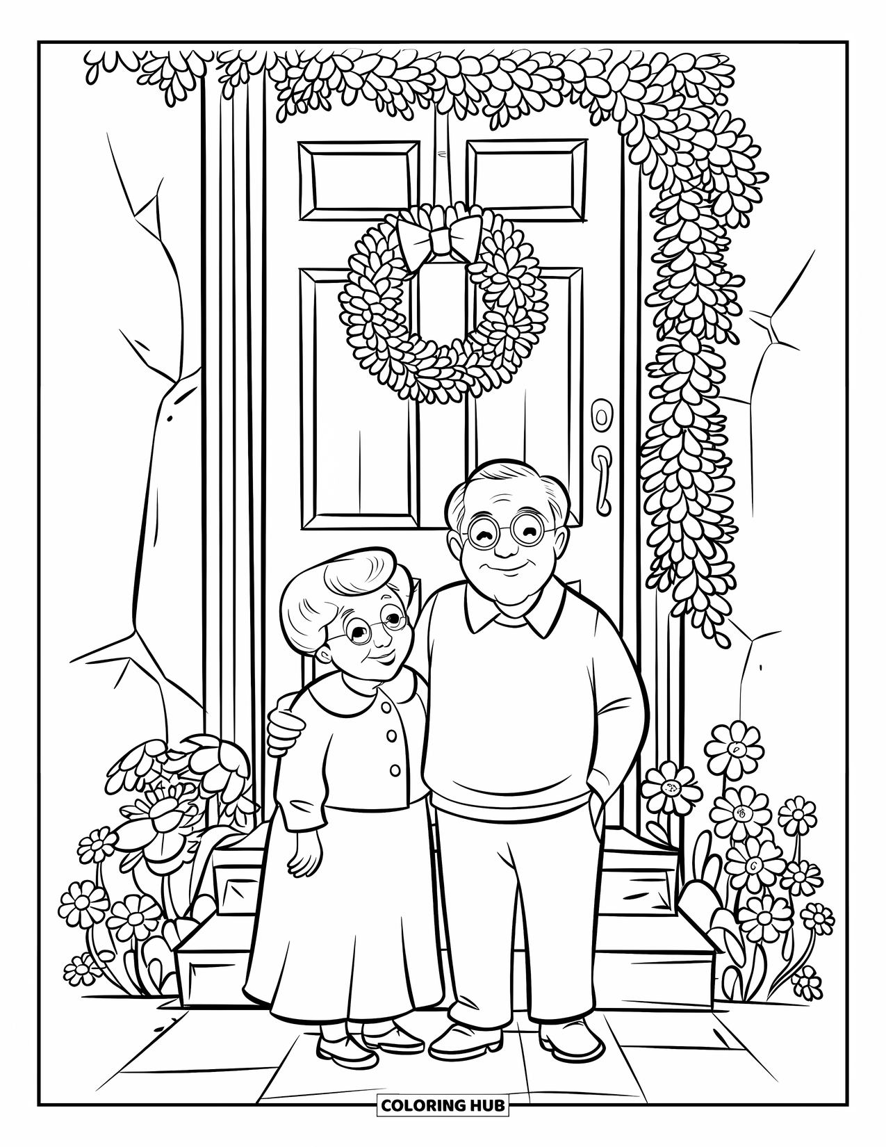 Grandparents Day Coloring Page for Kids: Cute grandparents stand happily at a flower-decorated front door with a wreath