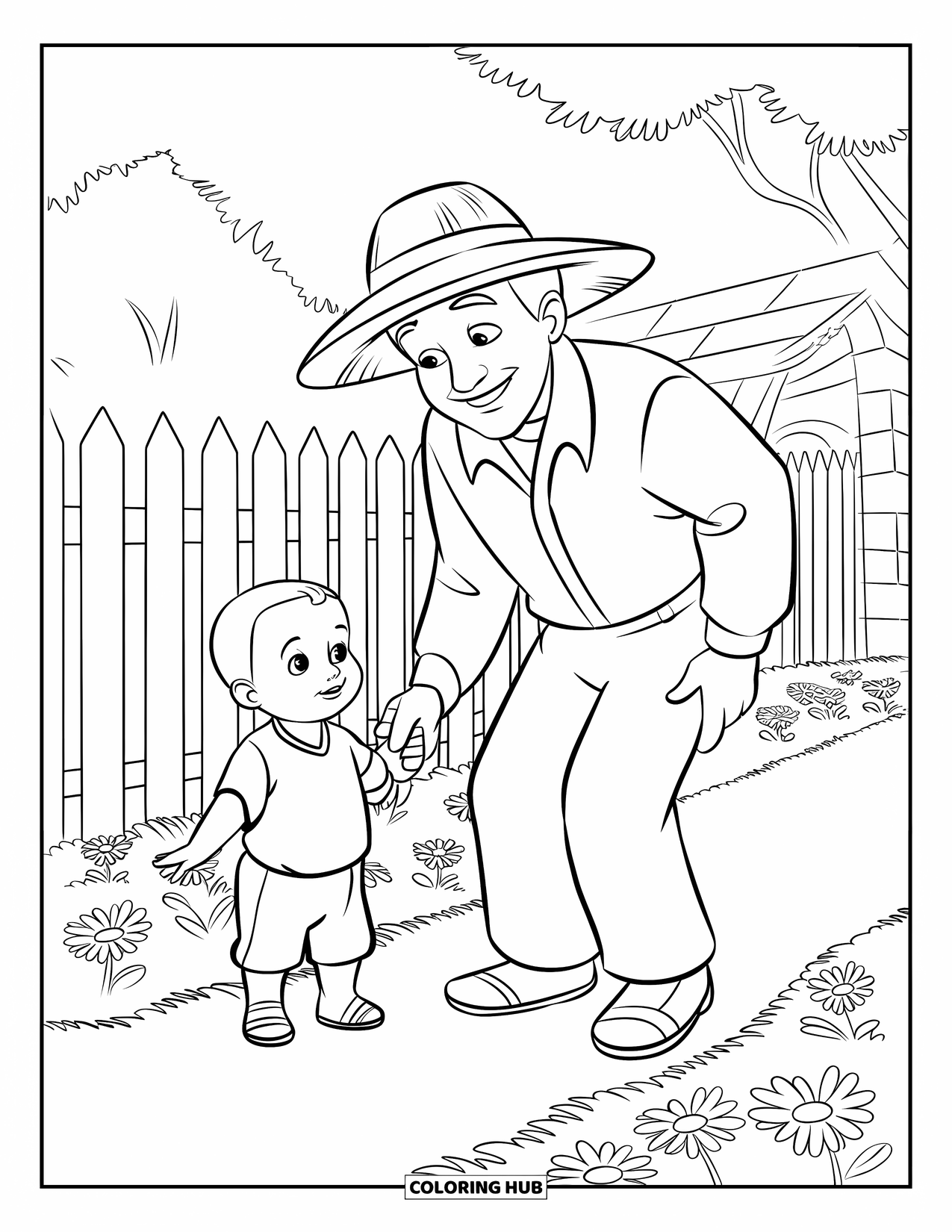 Grandparents Day Coloring Page for Kids: Friendly grandpa stands on a garden path holding hands with a smiling toddler