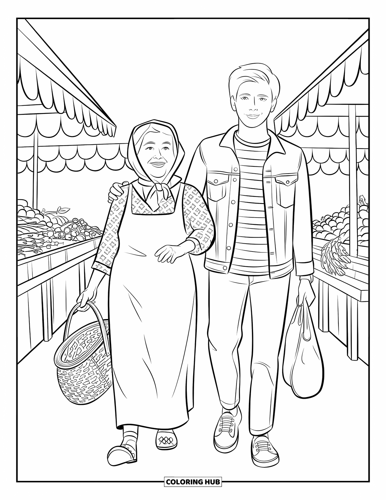 Grandparents Day Coloring Page for Kids: Grandma and teen walk through a farmers market with fresh produce and baskets in hand