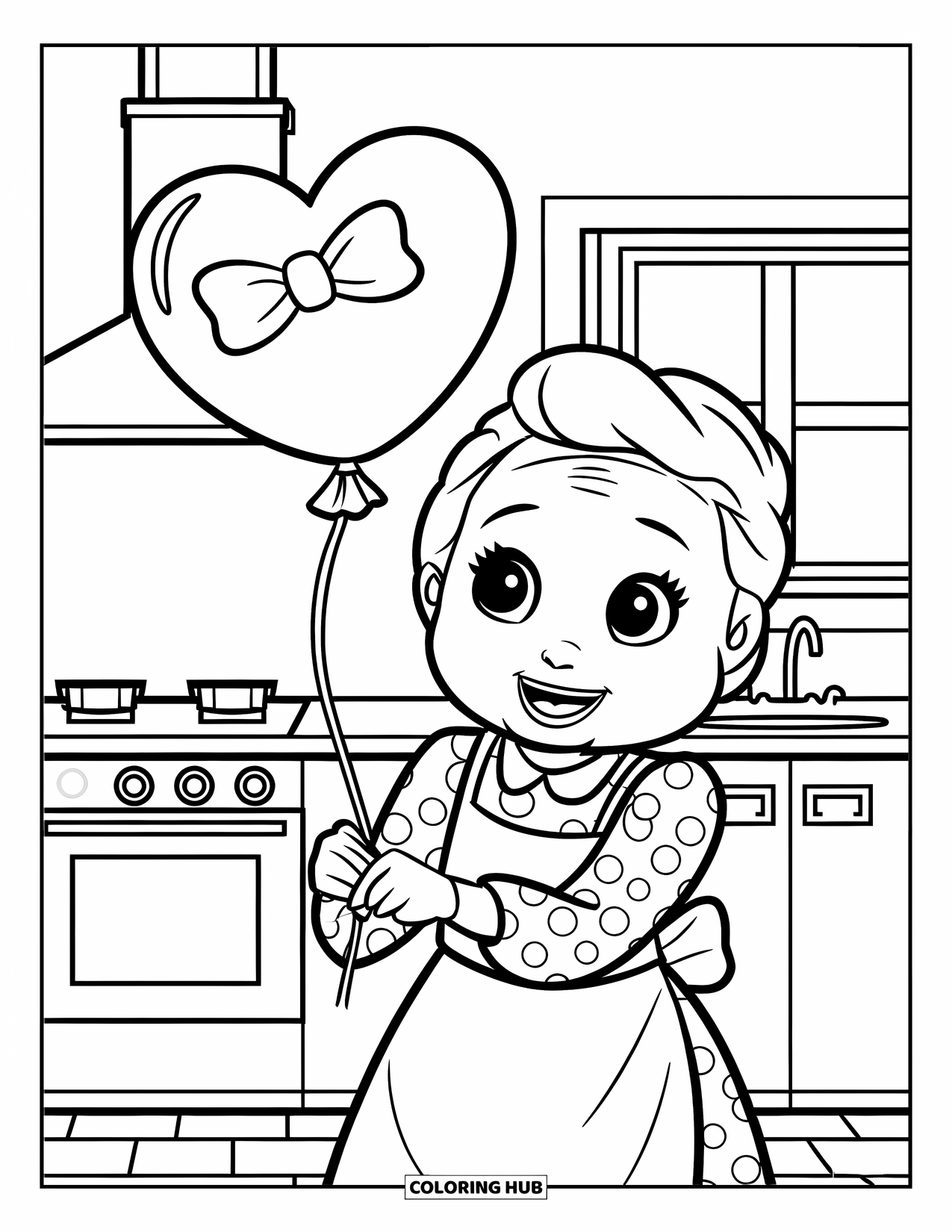 Grandparents Day Coloring Page for Kids: Grandma holds a heart-shaped balloon while standing in a cozy kitchen with a stove