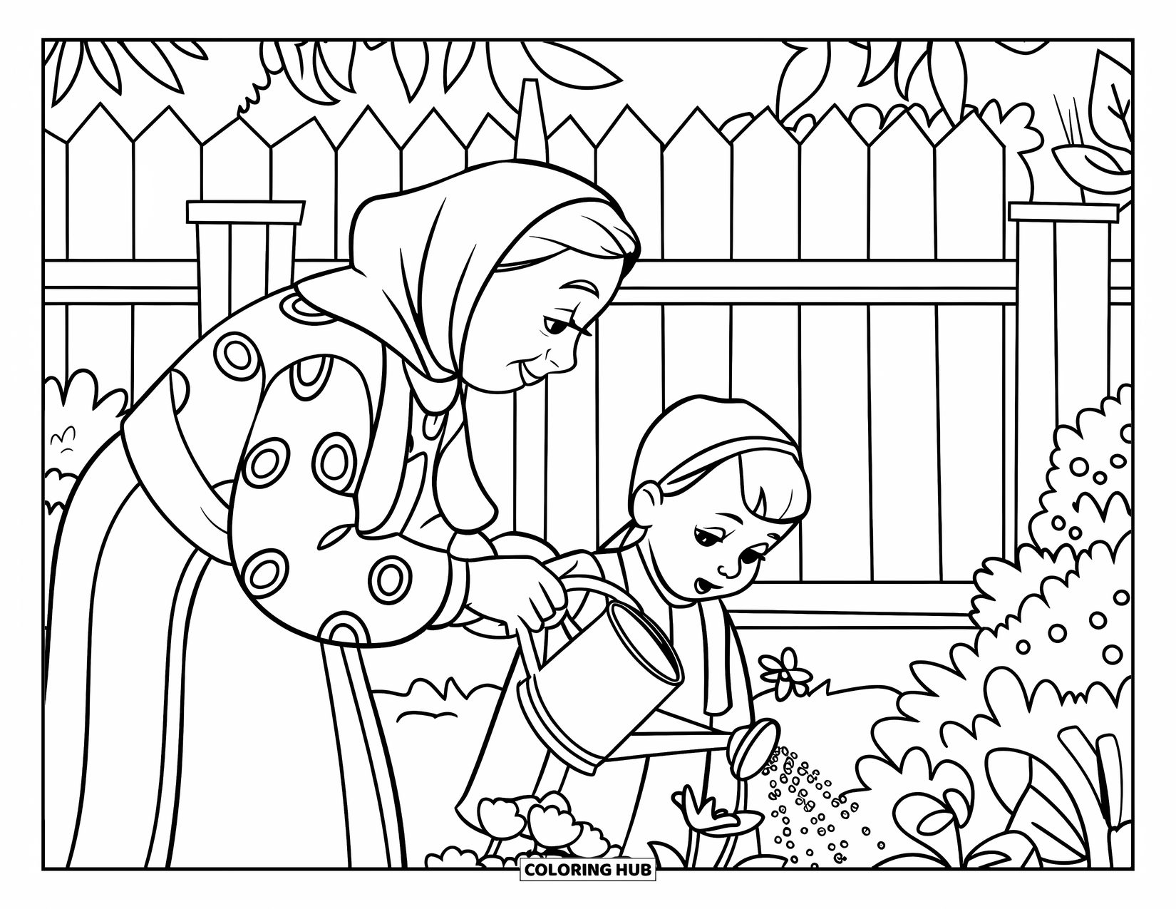 Grandparents Day Coloring Page for Kids: Grandma waters flowers with a can while a child watches near a fence and plants