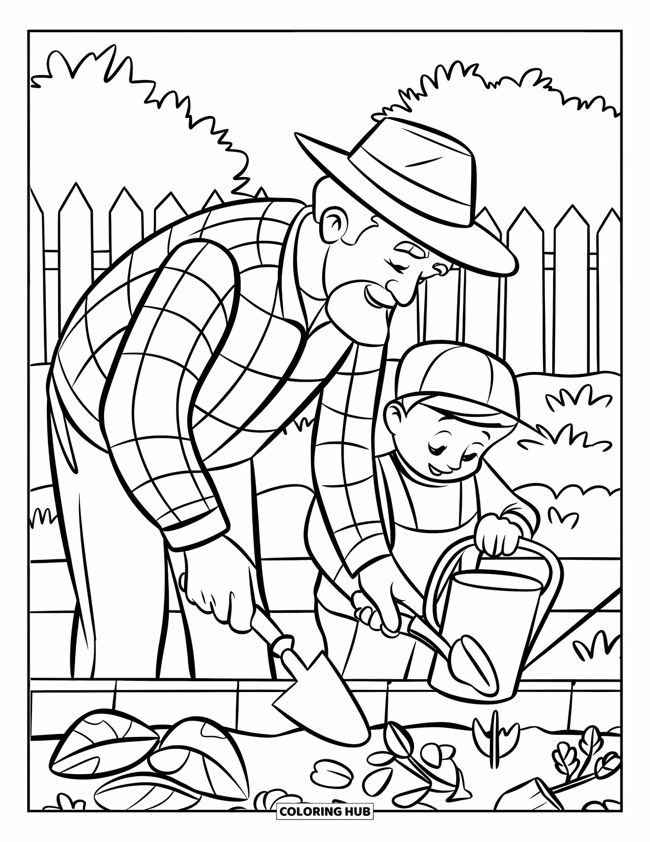 Grandparents Day Coloring Page for Kids: Grandpa and child garden side by side with a watering can and trees behind them