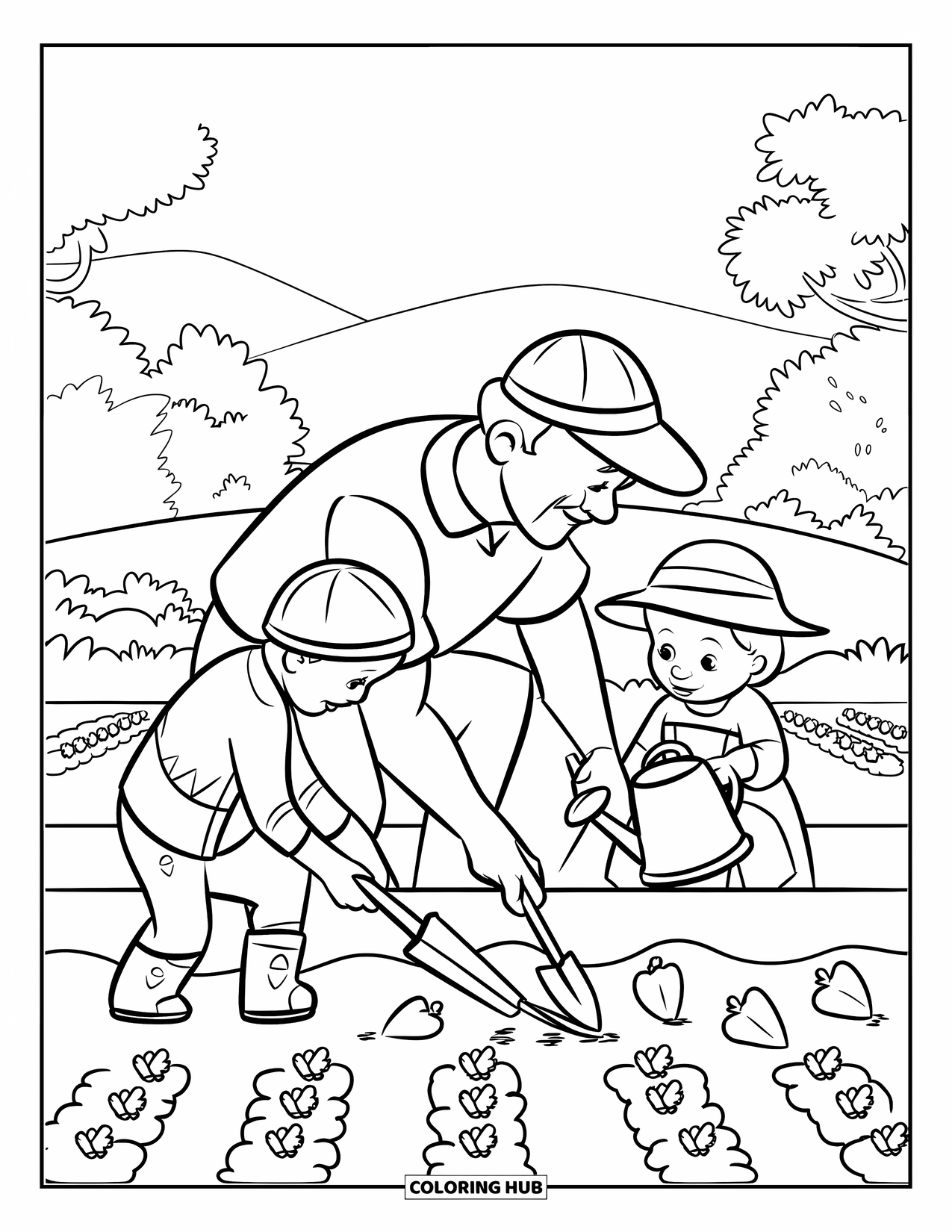 Grandparents Day Coloring Page for Kids: Grandpa and child tend rows of plants with mountains and trees in the background