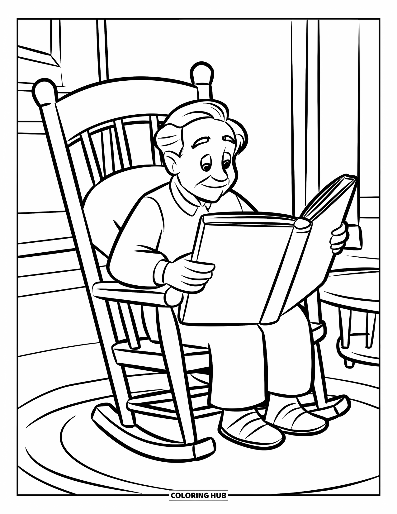 Grandparents Day Coloring Page for Kids: Grandpa reads a big picture book while sitting in a rocking chair in a cozy room