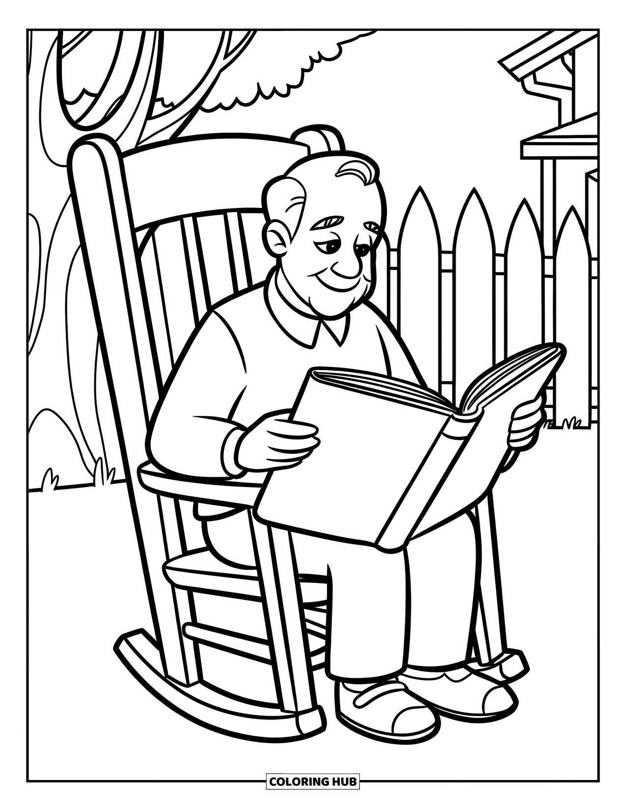 Grandparents Day Coloring Page for Kids: Grandpa reads a picture book while sitting in a rocking chair near a house and tree