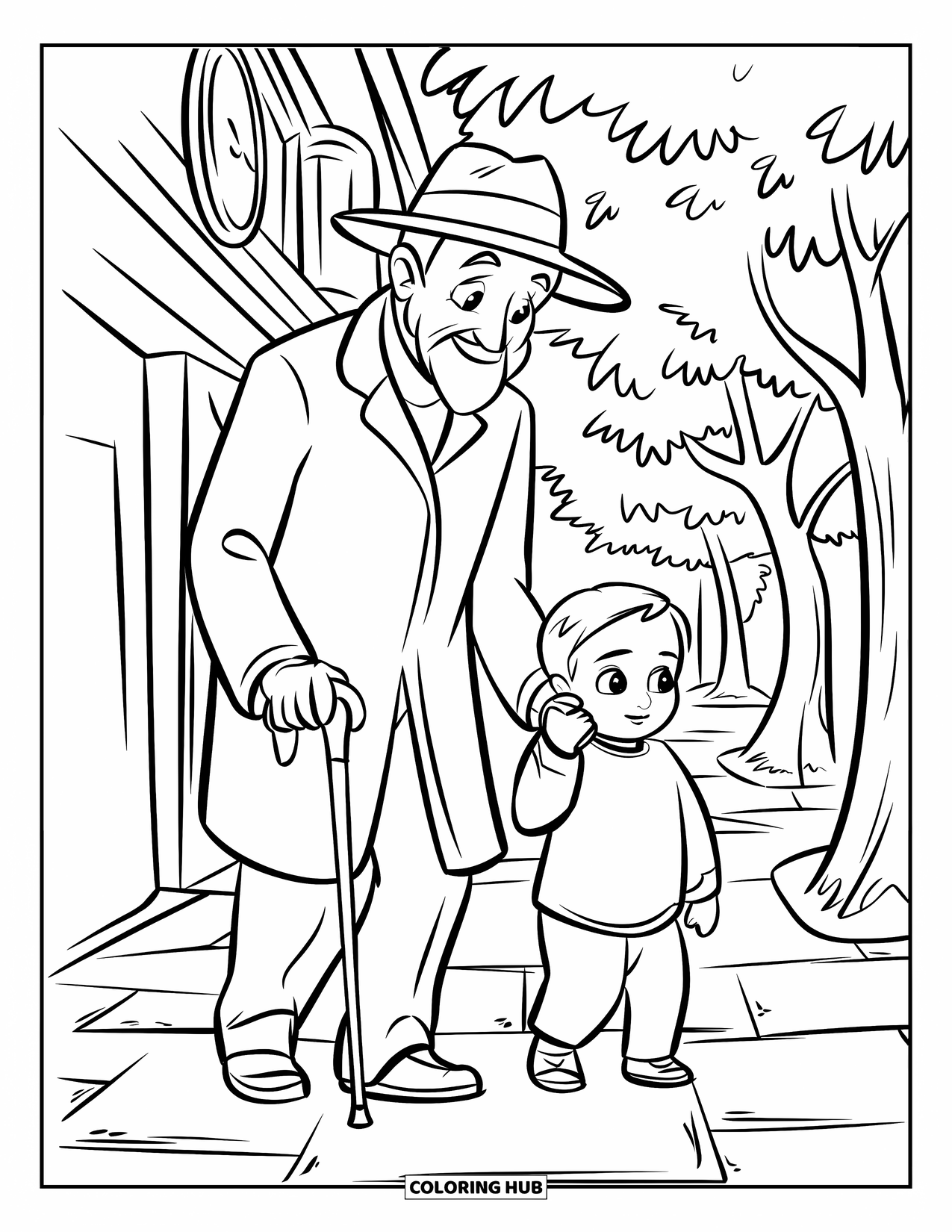 Grandparents Day Coloring Page for Kids: Grandpa walks with a child on a sidewalk lined with trees and a clock tower nearby