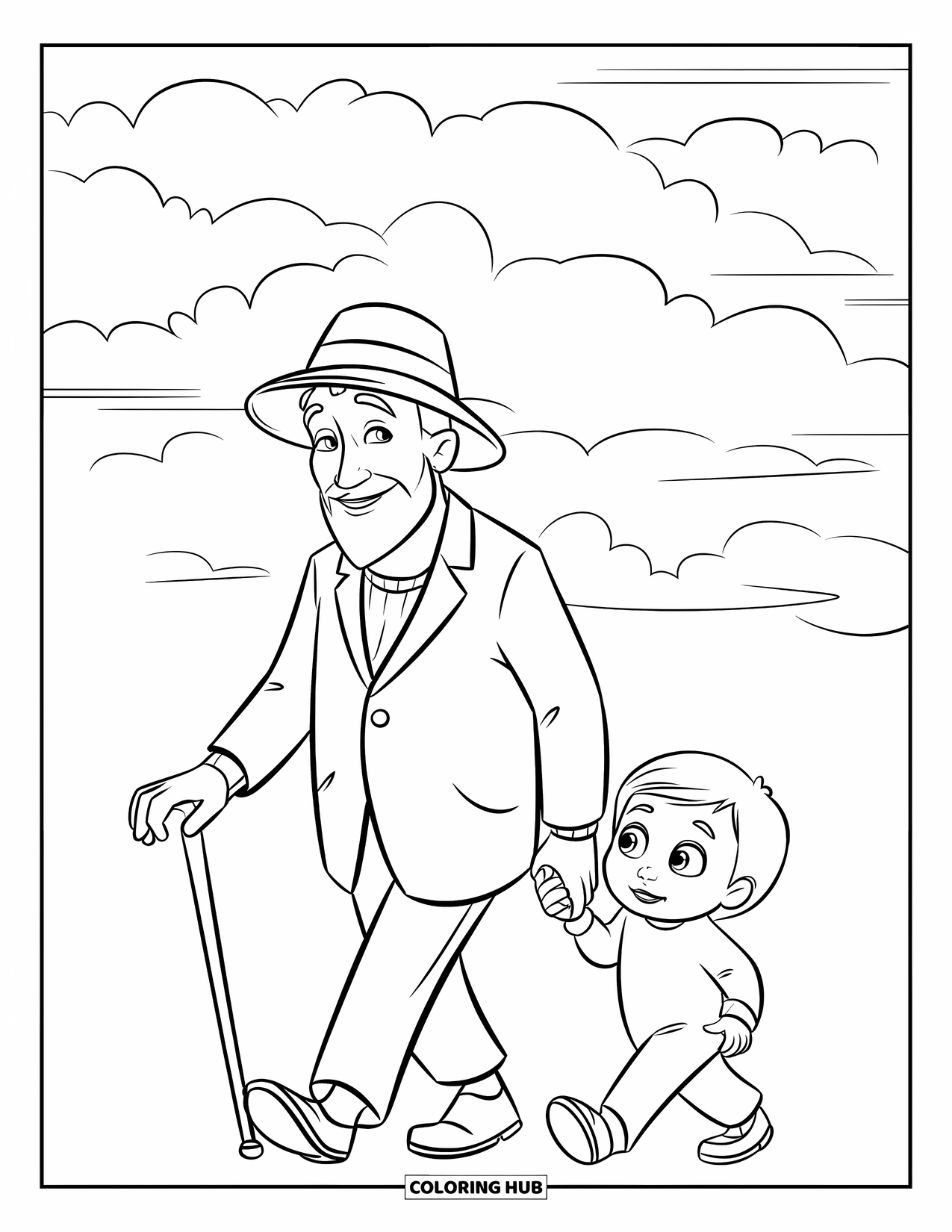 Grandparents Day Coloring Page for Kids: Grandpa with a cane walks next to a small child under a sky with fluffy clouds