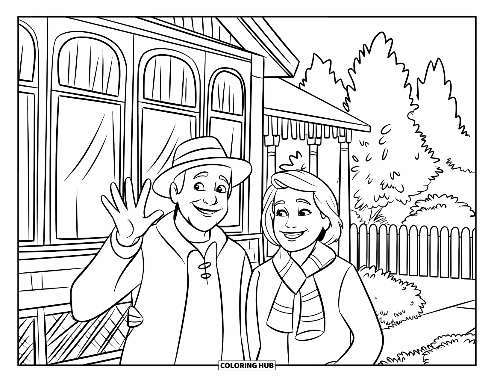 Grandparents Day Coloring Page for Kids: Grandparents wave beside a house with big windows and trees in the background