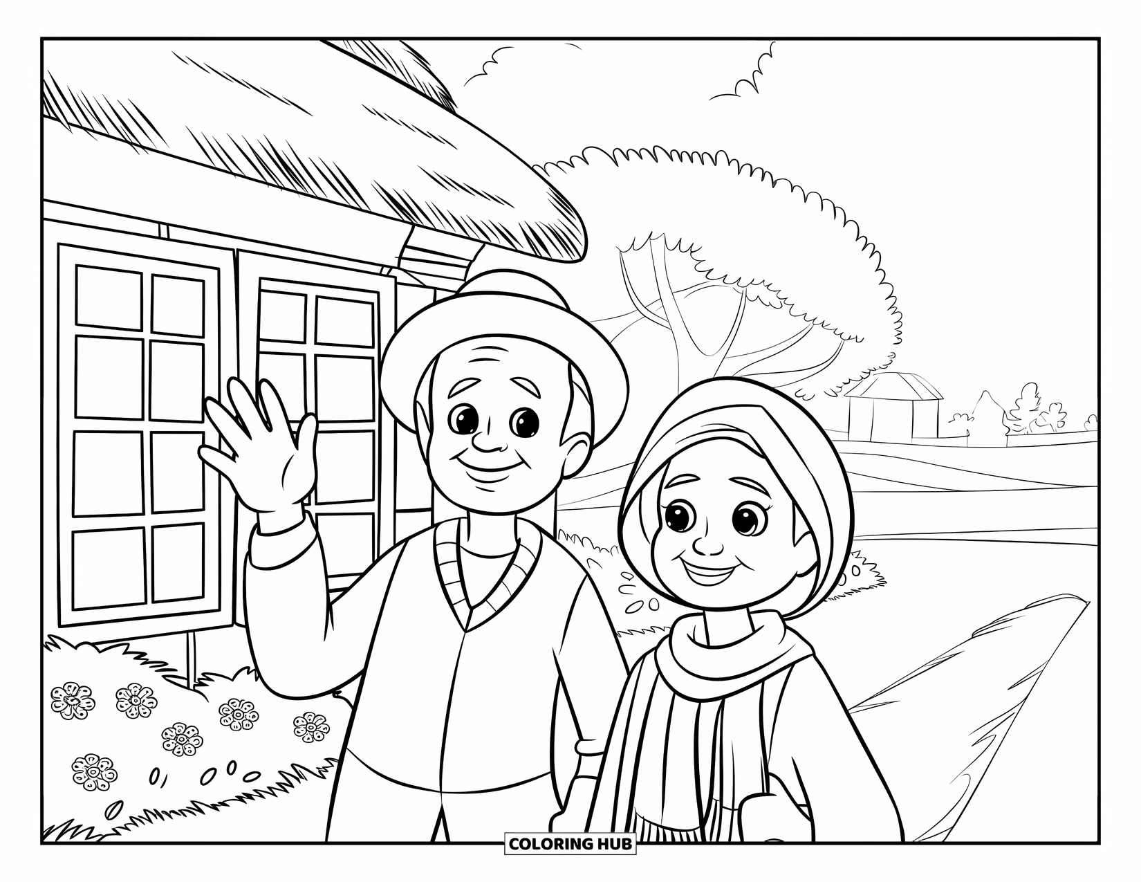 Grandparents Day Coloring Page for Kids: Grandparents wave beside a thatched-roof house with flowers and trees nearby