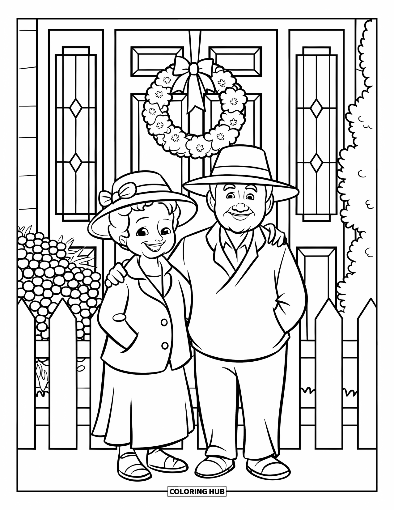 Grandparents Day Coloring Page for Kids: Happy grandparents stand by a flower-filled entryway with a wreath and picket fence
