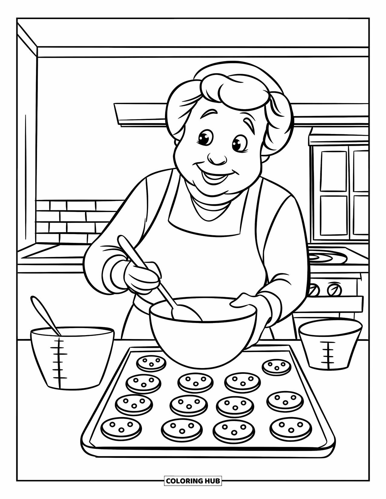 Grandparents Day Coloring Page for Kids: Smiling grandma bakes cookies with a big spoon in a cozy kitchen with a window