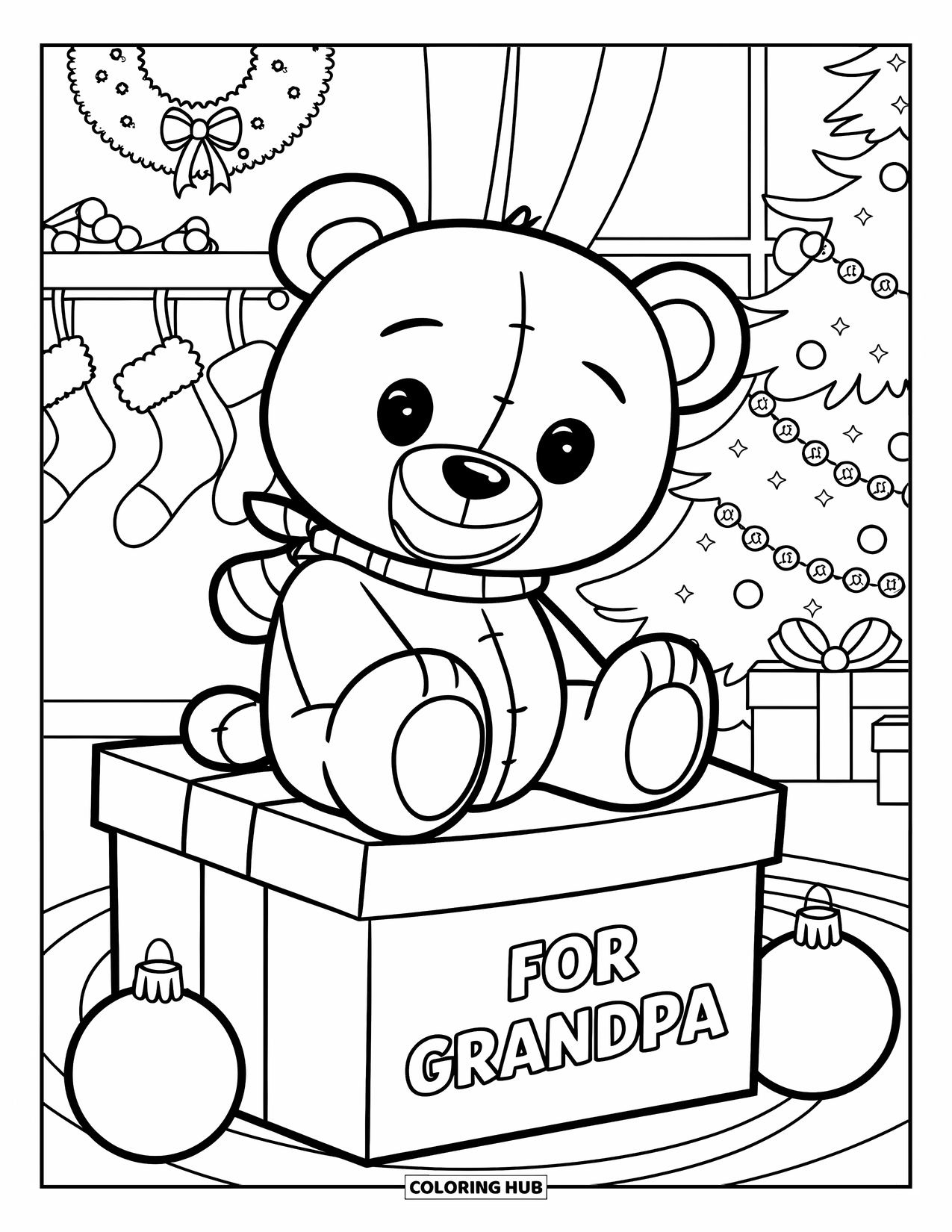 Grandparents Day Coloring Page for Kids: Teddy bear in a scarf sits on a gift box with ornaments and holiday decorations nearby