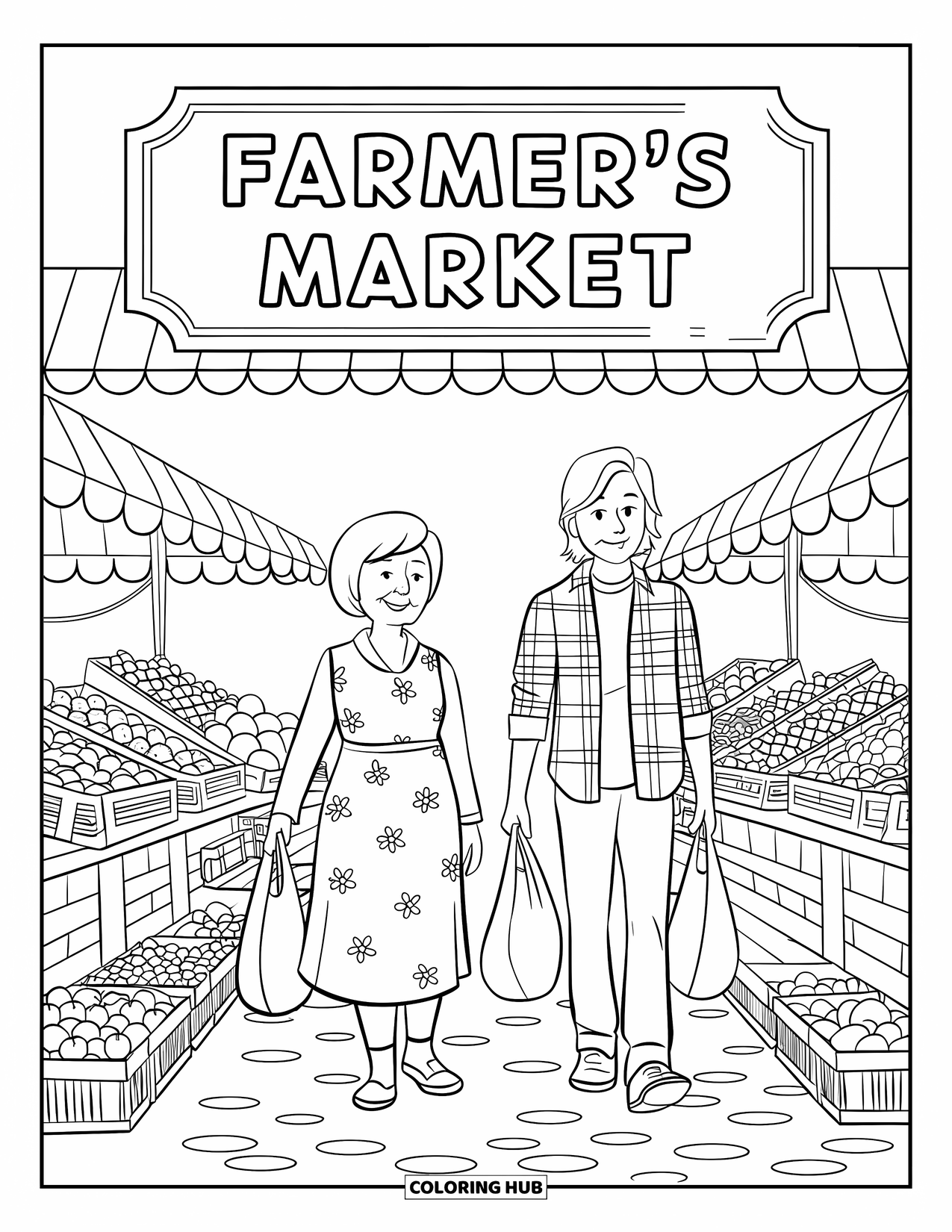 Grandparents Day Coloring Page for Kids: Teen and grandma carry bags through a bustling farmers market with crates of produce