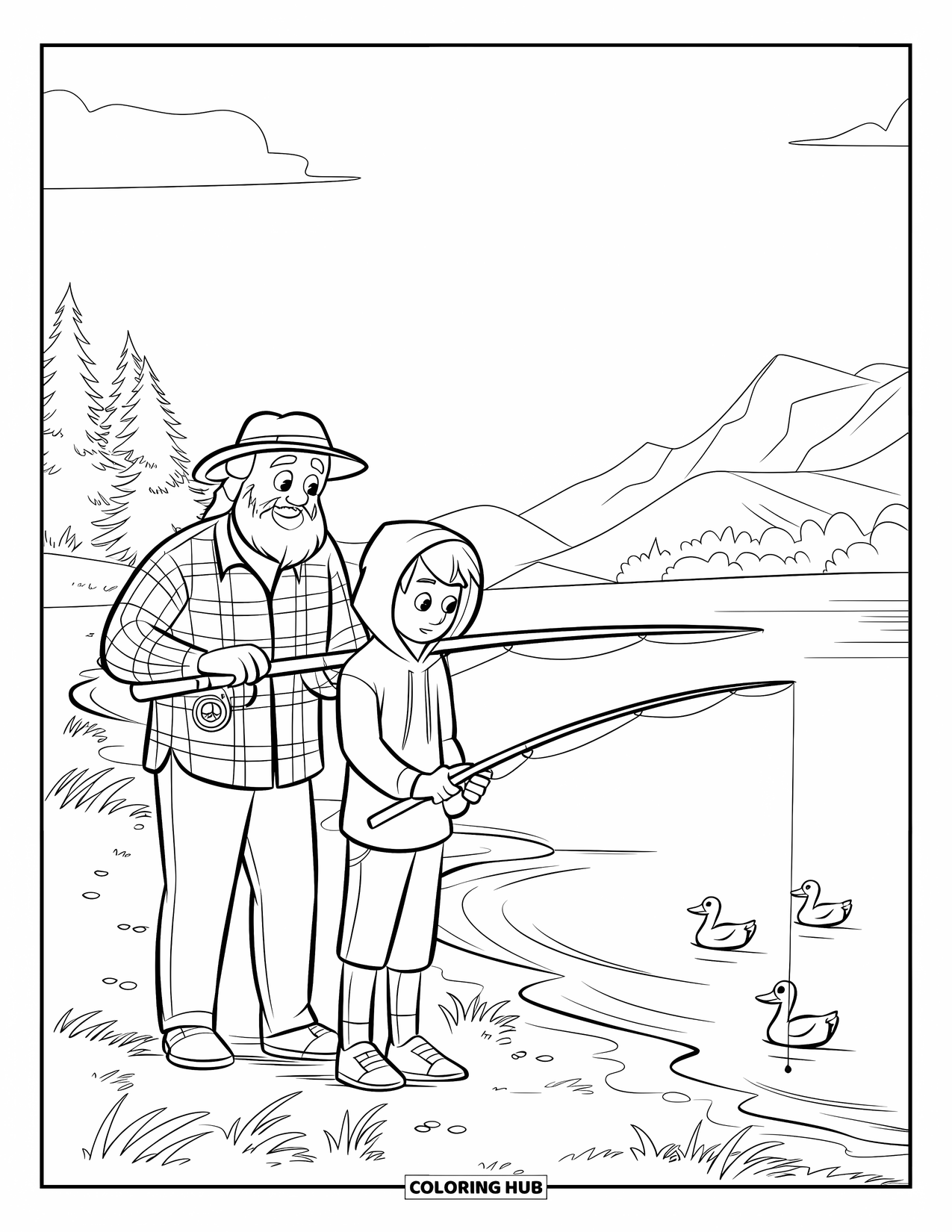 Grandparents Day Coloring Page for Kids: Teen and grandpa fish together beside a calm lake with ducks and mountains around them