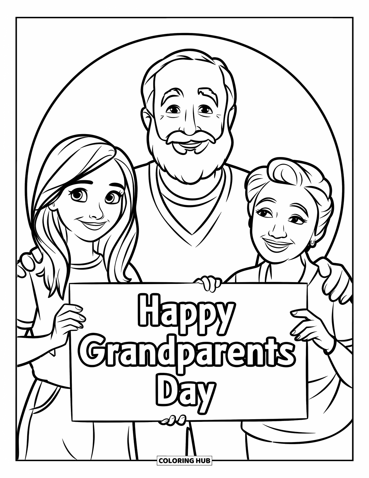 Grandparents Day Coloring Page for Kids: Teen with glasses stands beside grandparents holding a "Happy Grandparents Day" sign