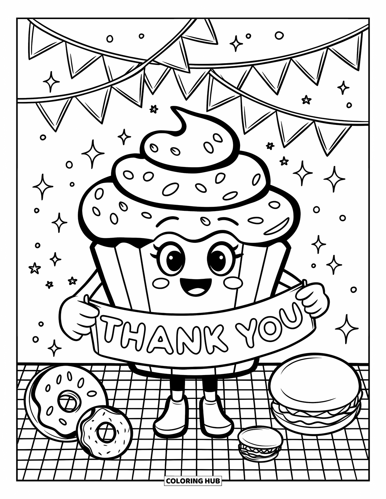 Gratitude Coloring Page for Adults: A cheerful cupcake holds a tiny "Thank You" banner with candy friends nearby