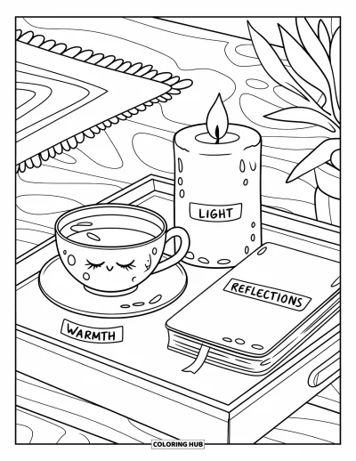 Coloriage de gratitude pour adultes : Un plateau chaleureux avec une tasse de thé, une bougie et un journal pour un instant de gratitude apaisante